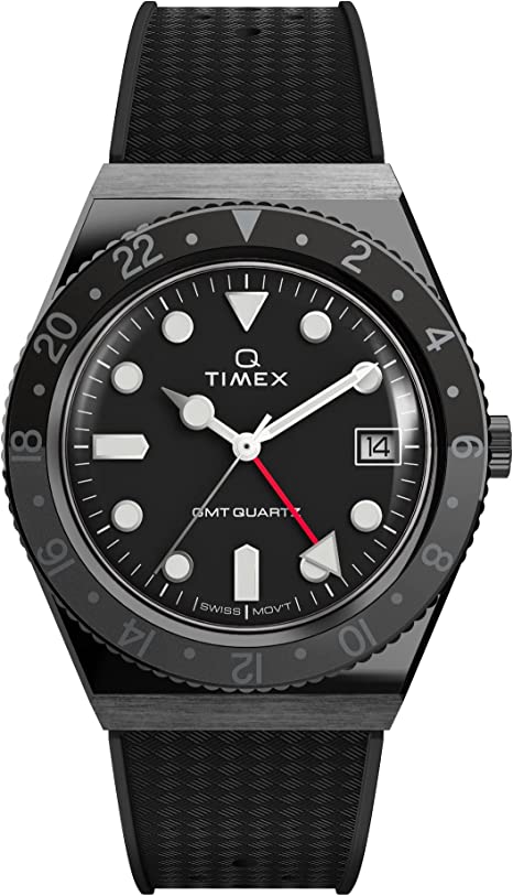 Timex Men's Q GMT 38mm Watch - Triple Black with Rubber Strap, Black