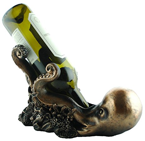 Drinking Octopus Wine Bottle Holder By DWK | Bronze Statue Ocean Home Decor | Nautical Figurine Gifts |