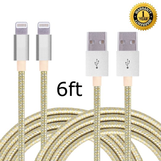 IFaxnn Nylon Braided USB Lightning Charging Cable, 6-Feet (2 Pieces) - White / Gold