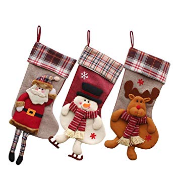 Gift Set Christmas Stockings, 18" Large Size Cute Christmas Ornament Holders Hanging Stocking with Santa Claus Snowman Elk Pattern Design (B)