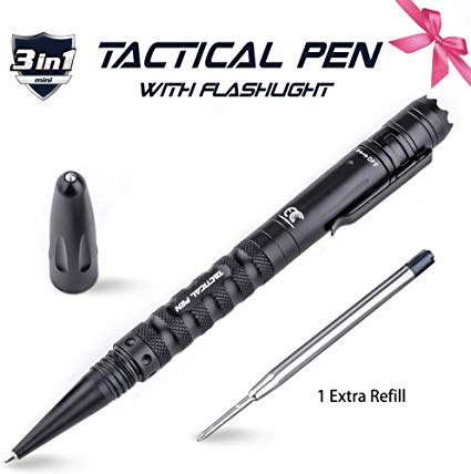 Tactical Pen with Flashlight, Led Flashlight with AAA Battery, Ballpoint Pen, Glass Breaker for Self Defense, Everyday Carry(EDC), with Two Ink Refills