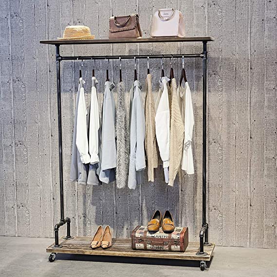 Industrial Pipe Clothing Rack on Wheels,Vintage Rolling Rack for Hanging Clothes,Retail Display Clothing Racks with Shelves,Wooden Garment Rack with Wheels,Heavy Duty Clothes Rack Cloths Coat Rack