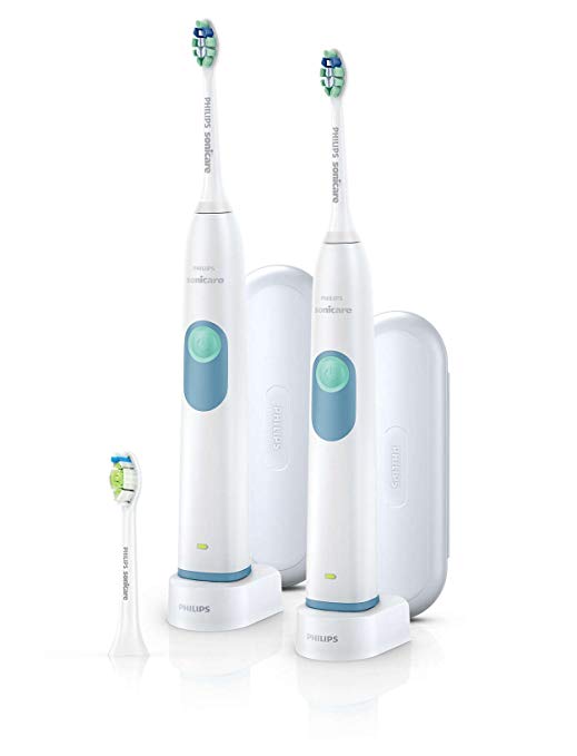 Philips Sonicare Essential Clean Rechargeable Toothbrush, 2 Quadpacer Handles   3 Brush Heads (2 ProResults Plaque Control & 1 DiamondClean)   2 Charger   2 Cases (Worldwide Voltage 110V/240V Adapter)