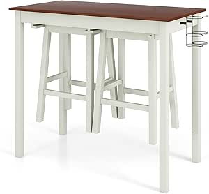 Giantex 3-Piece Bar Table Set - Counter Height Pub Table w/ 2 Stools, 2 Wine Holders, Rubber Wooden Legs, Space-Saving Dinette Table Set for Bar, Kitchen, Living Room, Cream White & Walnut