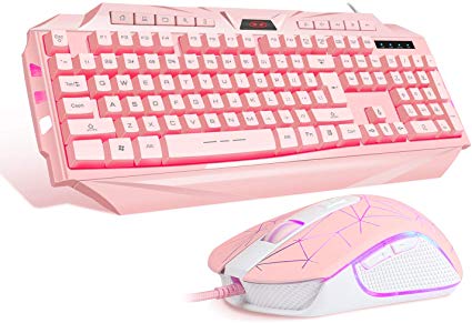 Pink Gaming Keyboard and Mouse Combo,MageGee GK710 Wired Backlight Pink Keyboard and Pink Mouse for Girl,PC Keyboard and Adjustable DPI Mouse for PC/Laptop/MAC(Pink)