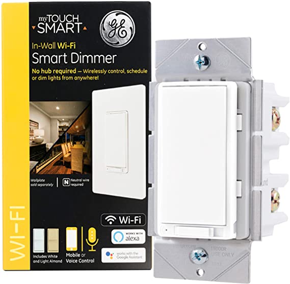 GE myTouchSmart WiFi Smart Light Dimmer, 3-Way/Single Pole, Compatible with Alexa, Google Assistant, 2.4GHz, No Hub Needed, Neutral Wire Required, White & Light Almond, 40794