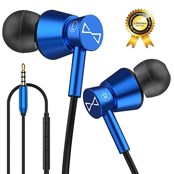 Marsno M2 Wired In Ear Headphones, Earbuds, Full Metal Earphones with Mic and Volume Control, High Definition, Noise Isolating, Deep Bass, Ergonomic Design &Crystal Clear Sound,3.5mm Jack,Blue Housing