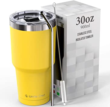 Umite Chef 30 oz Tumbler, Stainless Steel Vacuum Insulated Travel Tumbler Mug with lid, Double Wall Tumbler Coffee Mug Cup for Home, Office, Gift Box（Yellow)