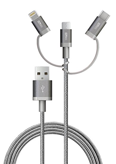 iDARS 3-in-1 (Type C / Lightning / Micro) USB Charging Cable - Sync / Charge Apple and Android - 4 Foot - MFI Certified (Space Gray)
