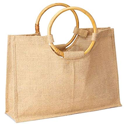 Jute Burlap Tote Bag with Round Cane Handles Size 17.5"w X 12.5"h X 5"gusset - Holiday Sale