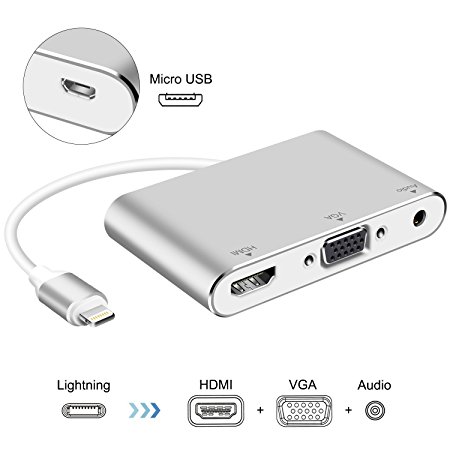 Lightning Digital AV Adapter, Lighting to HDMI VGA Adapter Compatible iPhone, iPad, and iPod Touch Models, with Micro USB Charging port for HD TV Monitor Projector