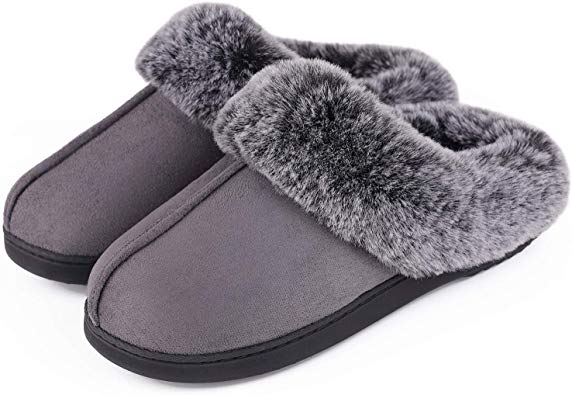 VeraCosy Women's Classic Suede Memory Foam Slippers Anti-Skid Scuff with Warm Faux Fur Collar