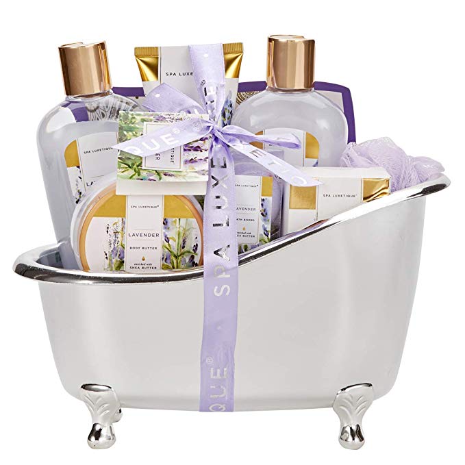 Spa Luxetique Spa Gift Baskets for Women, Relaxing Lavender Fragrance, Luxurious 8pc Bath Gift Set, Cute Bath Tub Holder, Bubble Bath, Bath Bombs, Body Butter& More. Perfect Gifts for Women