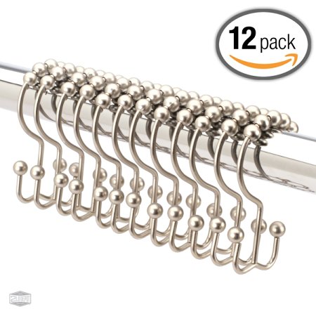 Premium Quality Double-hook Rollerball Shower Curtain Rings (Set of 12 Hooks) in Brushed Nickel Finish - Rust-free / Corrosion-free
