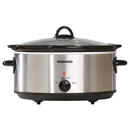 Daewoo 6.5L Slow Cooker | Stainless Steel | 3 Heat Settings | Dishwasher Safe Pot & Lid | Easy to Clean | Power Indicator | Useful Carry Handles | Raised Feet | Manual Temperature Control | 300W
