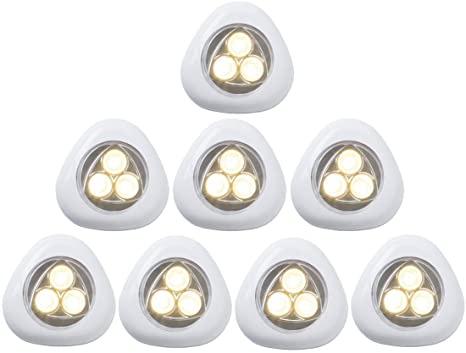 Ledinus Set of 8 Mini Triangulum 3 Led Warm White Battery Operated LED Stick-on Touch Tap Lights for bedroom, baby room, Drawer Bar Sets Attics Garages Car Sheds Storage Room