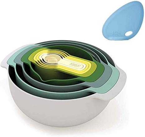 Joseph Joseph Nest 9 Plus Nesting Set, Opal - Multi-Colour, 9 Piece   Fin Bowl Scraper, Silicone, Blue