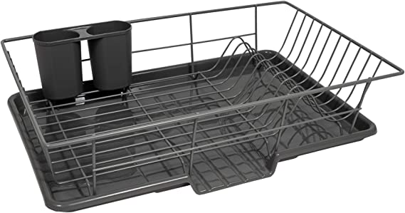 Sweet Home Collection 3 Piece Dish Drainer Rack Set with Drying Board and Utensil Holder, 12" x 19" x 5", Gray