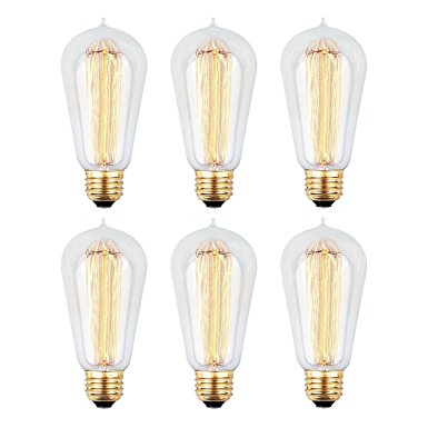 6pcs Edison Bulbs, KinHom 60 Watt Dimmable Vintage Incandescent Light Bulb - E26 Base - Clear Glass - Tear Drop Top - Classic Squirrel Cage Filament Lamp - ST58