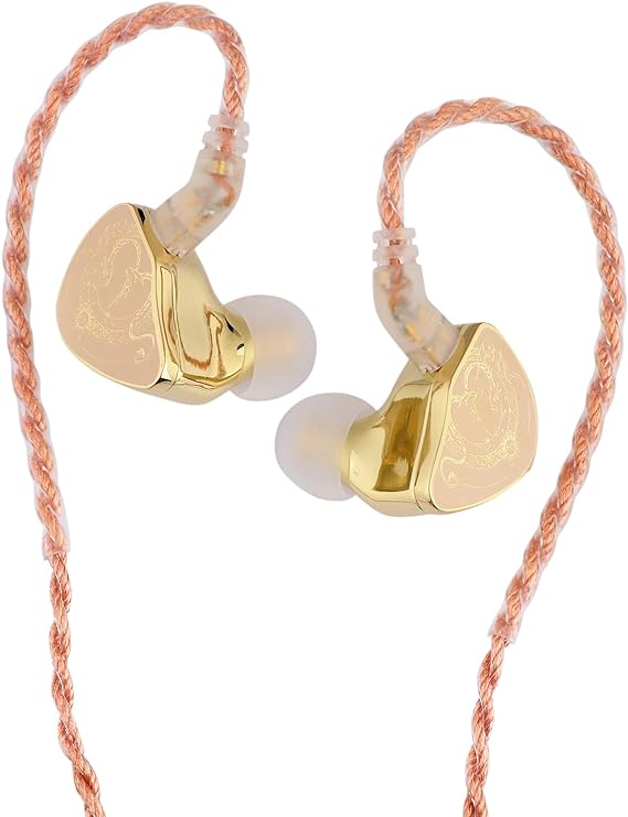 Linsoul BLON x HBB Z300 10mm Silicone Diaphragm in Ear Monitor, HiFi IEM Earphone, Dragon Pattern Faceplate, Detachable 4-Core Copper Cable (Gold, Without Mic (3.5mm))