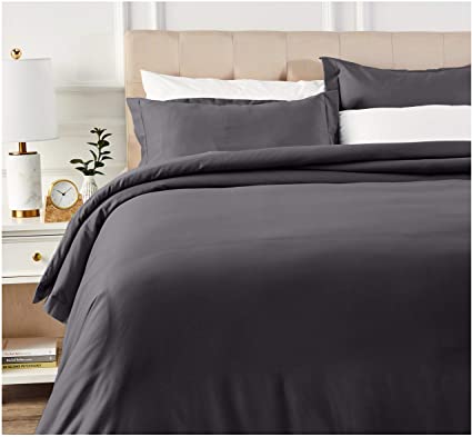 AmazonBasics 400 Thread Count Cotton Duvet Cover Bed Set with Sateen Finish - King, Dark Grey