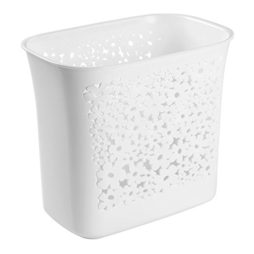 Decorative Slim Rectangular Floral Small Trash Can Wastebasket, Garbage Container Bin for Bathroom, Powder Room, Bedroom, Kitchen, Kids Rooms, Craft Room, Office - Floral Design, White