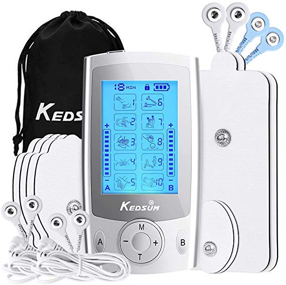KEDSUM Dual Channel TENS Unit Muscle Stimulator Machine with 10 Modes, Rechargeable Electric Massagers for Muscles with 8 Pads, 2 Dual Electrode Wires and a 4-1 Electrode Wire