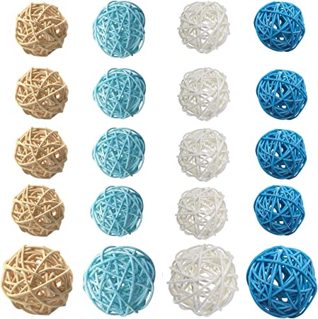 20 PCS Rattan Balls Wicker Ball Decorative Orbs Vase Fillers for Home Decor, Craft, Party, Wedding Decoration, Baby Shower, Aromatherapy Accessories, 3.2 In,2 In (Blue, Light Blue, White,Nature Color)