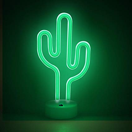 AIZESI Cactus Light Decor Cactus Home Party,Indoor Cactus Neon Lamp with Holder,Battery or USB Power Decorative LED Light for Room Decorations,Ideal for Your Home(Green Cactus)