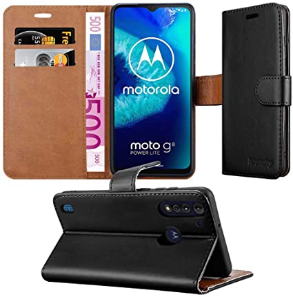 iPEAK For Motorola Moto G8 Power Lite Phone Case Leather Magnetic Flip Stand Wallet Cover (Black)