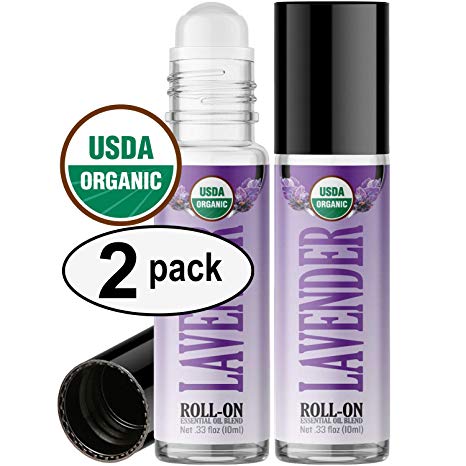 Lavender Roll On (Organic 2 Pack) Essential Oil Rollerball Pre-diluted with Glass Roller Ball, Fractionated Coconut Oil for Aromatherapy, Kids, Children, Adults Topical Skin Application - 10ml Bottle