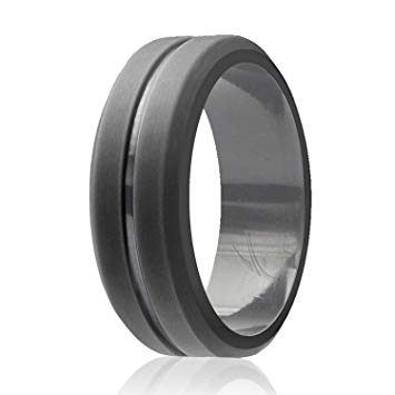 ROQ Silicone Wedding Ring for Men, Elegant, Affordable 8mm Silicone Rubber Wedding Bands, 4 Pack, Brushed Top Beveled Edges - Black, Metal Silver, Dark Gray