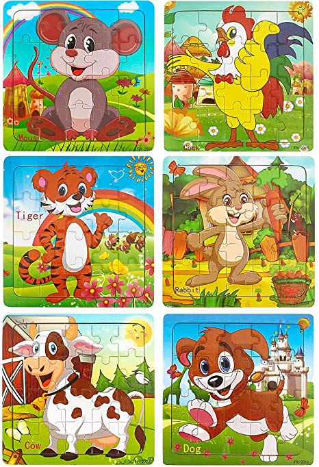 Dreampark Puzzles for Kids Ages 3-5, Wooden Jigsaw Animals Puzzles 20 Pieces Preschool Educational Learning Toys Set for Toddlers Boys and Girls (6 Pack)