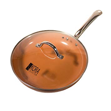 Largest 12 Inch Copper Non-Stick Frying Pan with Lid. Heat Induction Bottom Delivers Even Warming. No Oil Needed thanks to Ceramic Coating. Healthy, Easy to Clean, Dishwasher & Oven Safe