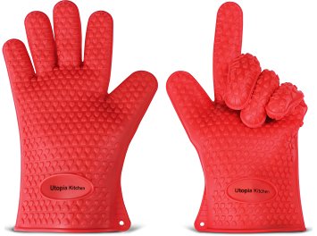 Heat Resistant Silicon Gloves - Oven Mitts & BBQ Grilling Gloves - Made For Grilling, Cooking, Baking & Smoking - 1 Size Fits All (Red) - FDA Approved BBQ Insulated Gloves - by Utopia Kitchen