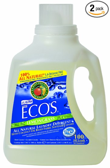 Earth Friendly Products ECOS 2x Liquid Laundry Detergent With Built In Softener Lemongrass 100 Loads 100-Ounce Bottle Pack of 2