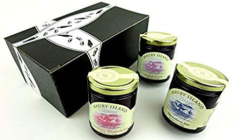 Maury Island Limited Harvest Jams 3-Flavor Variety: One 11 oz Jar Each of Boysenberry, Marionberry, and Strawberry-Rhubarb in a BlackTie Box (3 Items Total)