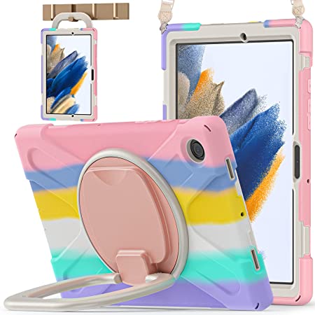 BATYUE Case for Samsung Galaxy Tab A8 10.5 inch, 2022 Released SM-X200/X205/X207, Shockproof Protective Rugged Case with Pencil Holder/ 360° Swivel Stand/ Handle Grip/ Shoulder Strap -- Colorful Pink