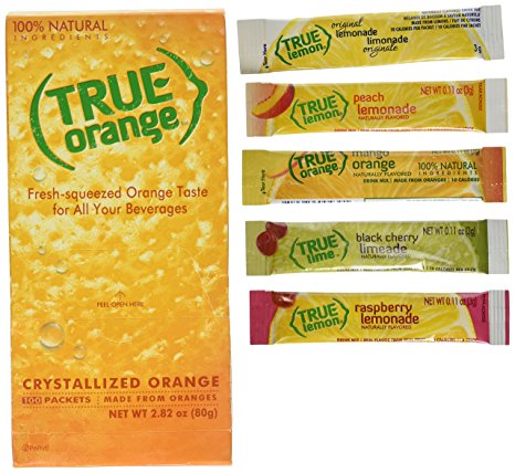 True Orange Dispenser Pack 100ct. Plus 5 Lemonade sticks of True Lemon Lemonade, Peach, Raspberry, Black Cherry, and Orange Mango. Natural Flavored Water Enhancer.