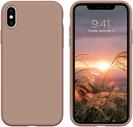 iPhone X Case,iPhone Xs Case,DUEDUE Liquid Silicone Soft Gel Rubber Slim Cover with Microfiber Cloth Lining Cushion Shockproof Full Protective Case for iPhone X/iPhone Xs for Women Men, Light Brown