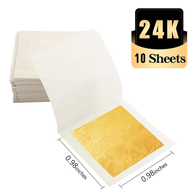 24K Edible Gold Leaf Sheets 0.98" x 0.98" 10 PCS Yellow Real Gold Loose Foil for Cake Baking，Makeup, Gilding, Drink Decorations (0.98")