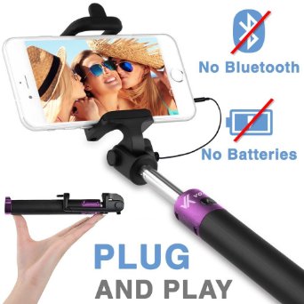 Voxkin ® Ultra Portable Wired Selfie Stick ★ No Bluetooth Pairing - No Battery Charging ★ Premium & Sturdy Design ★ Best Pocket Sized Cable Monopod - Compatible with iPhone, Android & All SmartPhones
