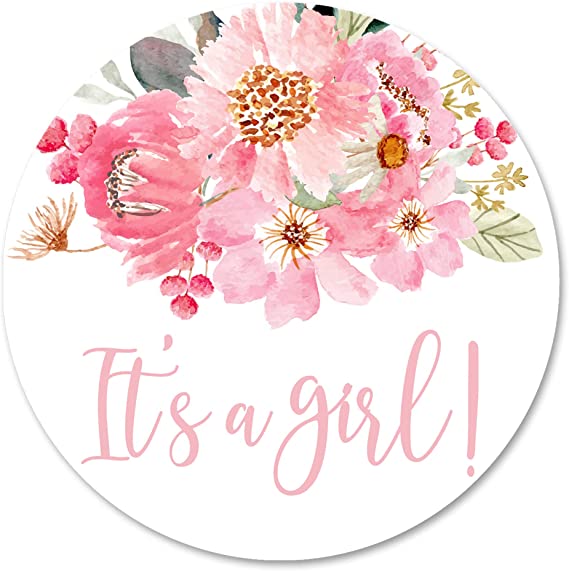 Pink Floral It’s a Girl Stickers, 40 2 Inch Watercolor Girl Baby Shower Favor Sticker Labels, Decorations