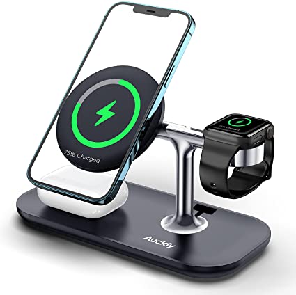 Auckly 3 in 1 Qi 15W Magnetic Fast Wireless Charger,Compatible with MagSafe Wireless Charger Stand,Inductive Charging Station Compatible With iPhone 12/13 Pro/Pro Max/Mini,Apple Watch 1-7, Airpods Pro