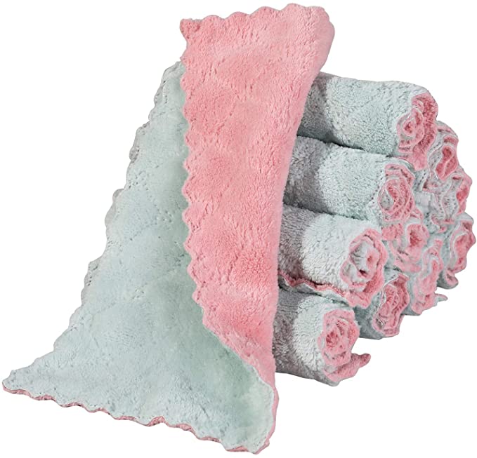 N / A 12 Packs of Extra-Thick Coral Fleece Kitchen Rags, Kitchen Towels, Non-Stick Oil Quick-Drying Rags, Super Absorbent Dish Towels, Double-Sided Dish Towel Pack [Pink Green]