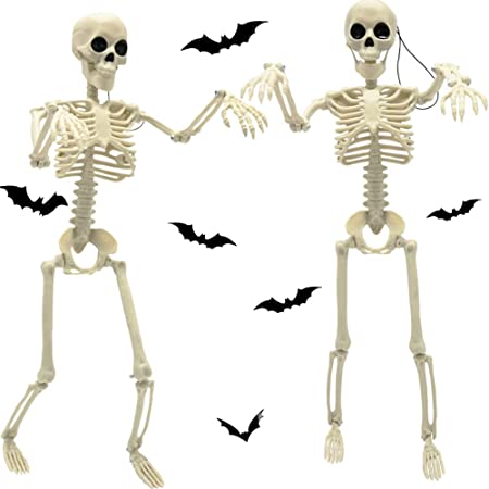 Halloween Skeleton Decorations, 16" Full Body Mini Skeleton Posable Joints Poseable Skeleton for Yard Garden Lawn Patio Halloween Party Favors Decor, 2pcs
