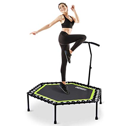 ONETWOFIT 48" Silent Mini Trampoline with Adjustable Handle Bar Fitness Trampoline Bungee Rebounder Jumping Cardio Trainer Workout for Adults or Kids