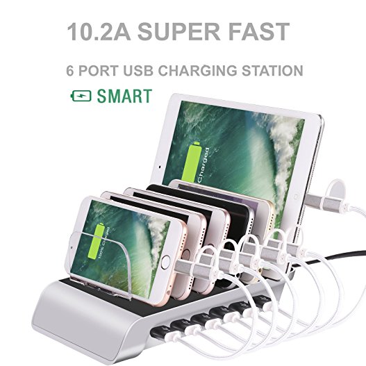Zglon 6-Port Multiple Powerhouse USB Charging Station-Hub Dock Organizer for iPad iPhone Galaxy Smartphones Tablets Multiple devices（Silver）