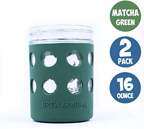 Brew Armor Silicone Mason Jar Sleeve 16 oz. (Pint) Wide-Mouth by Brute Kitchen (2 Pack) (Matcha Green)