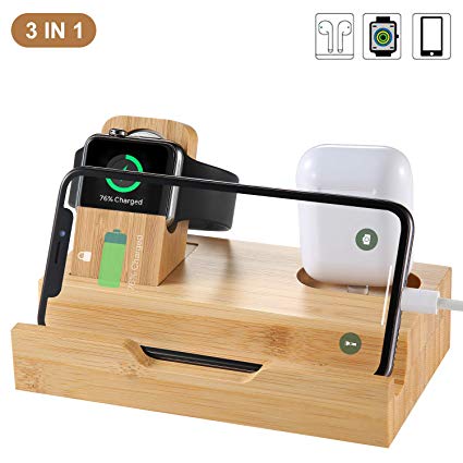 Sendowtek 3 in 1 Watch Charger Stand Bamboo Charging Station with 2 USB Port Earbuds Charging Docking Station Organizer for Watch 3/2/1, Ear Pods, Cellphone(1 Free Apple Cable)